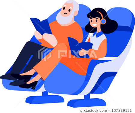 Hand Drawn Elderly couple sitting on a plane to travel in flat style 107889151