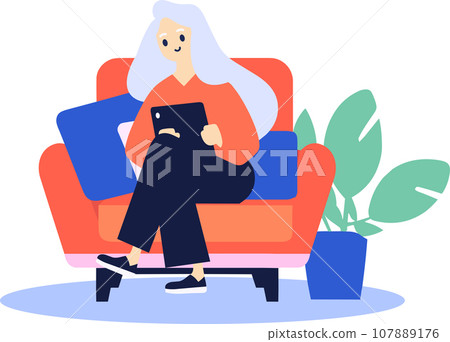 Hand Drawn Elderly woman sitting on the sofa using a smartphone in flat style 107889176