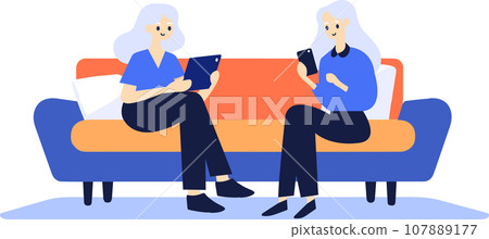 Hand Drawn Elderly woman sitting on the sofa using a smartphone in flat style Hand Drawn Elderly woman sitting on the sofa using a smartphone in flat style 107889177
