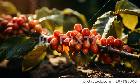 Fresh coffee cherry on the branch. Generatine AI. 107889306