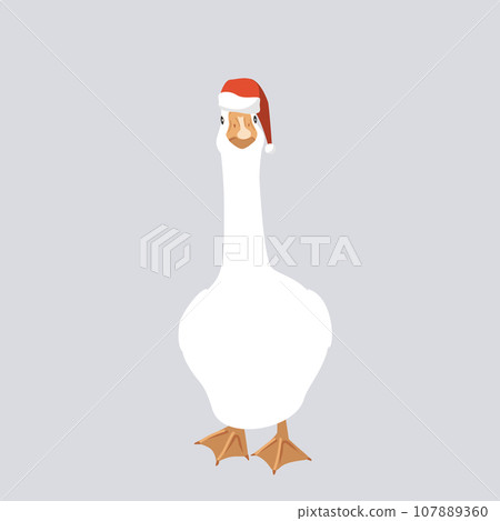 Big white goose in Santa Claus helper hat isolated design element. Funny and cute goose full length vector illustration. Farm Christmas bird 107889360