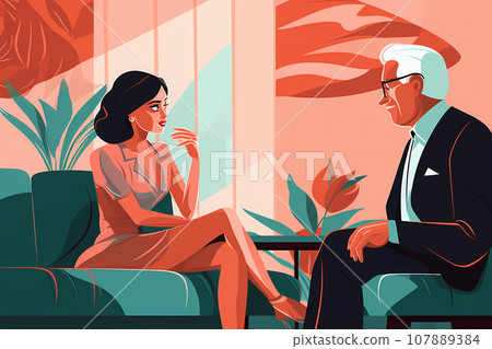 Young woman and older man sitting in a room, engaged in a flirtatious conversation. Pretty girl and a man sitting indoors, with a noticeable age difference between them. Attractive lady consulting Young woman and older man sitting in a room, engaged in a flirtatious conversation. Pretty girl and a man sitting indoors, with a noticeable age difference between them. Attractive lady consulting 107889384