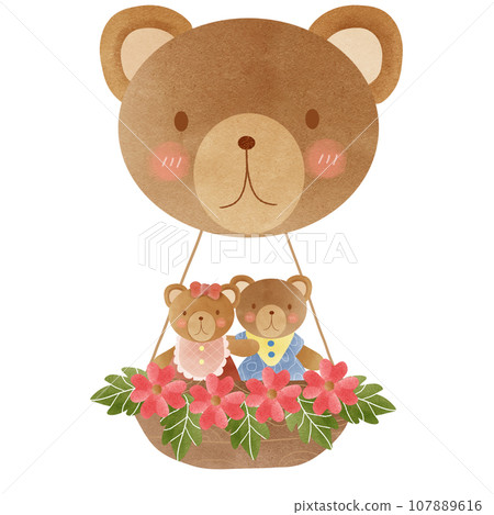 Cartoon little bear couple sitting in a balloon with a bear face 107889616