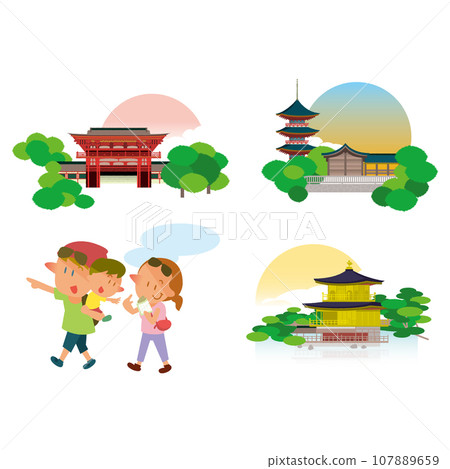 Illustration set of a foreign family enjoying sightseeing in Kyoto 107889659