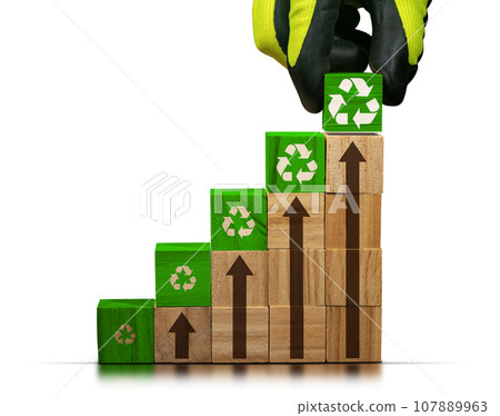 Gloved Hand Arrangin Wooden Blocks with Recycling Symbols Gloved Hand Arrangin Wooden Blocks with Recycling Symbols 107889963