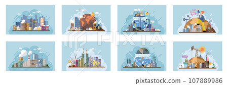 Industrial pollution. Dirty waste. Environmental pollution. Vector illustration. Smokes with smog are warning signs polluted environment Trash emission contributes to both land and air pollution 107889986