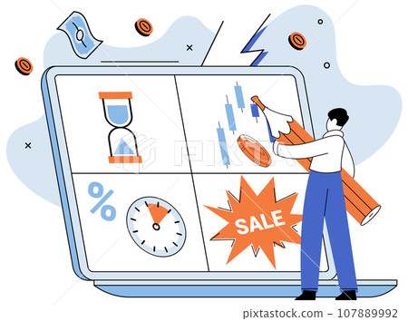 Promotion discount sale. Vector illustration. Sales index, scoreboard displaying business performance Forecast of future sales, fortune teller predicting revenue possibilities Flash sale online 107889992