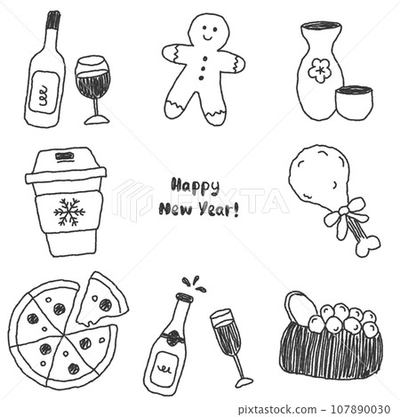 Monochrome illustration set of drinks and food for New Year, Christmas, and New Year holidays Monochrome illustration set of drinks and food for New Year, Christmas, and New Year holidays 107890030