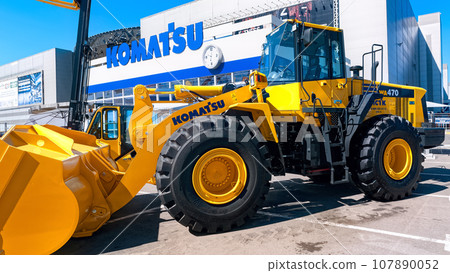 MOSCOW, RUSSIA - April 26, 2019: Exhibition Mining World. New yellow powerful front loader Komatsu WA470. 107890052
