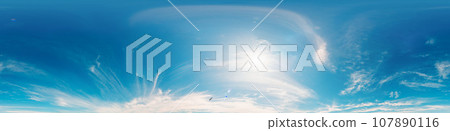 sky panorama with bright glowing Cirrus clouds. HDR 360 seamless spherical panorama. Full zenith or sky dome for 3D visualization, sky replacement for aerial drone panoramas. 107890116