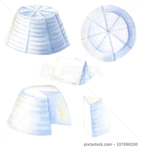 Ricotta an Italian whey cheese. Watercolor illustration isolated on white background 107890280