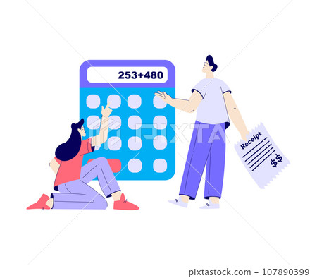 Bill Pay with Man and Woman Character Do Calculation Vector Illustration 107890399