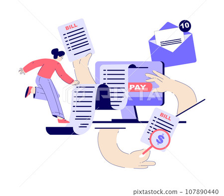 Bill Pay with Woman Character with Computer Use Online Application Vector Illustration Bill Pay with Woman Character with Computer Use Online Application Vector Illustration 107890440