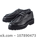 Stunning pair of men's derby boots made of thick black leather, with lacing, insulated with natural fur, on a high powerful, isolated on a white background. 107890473