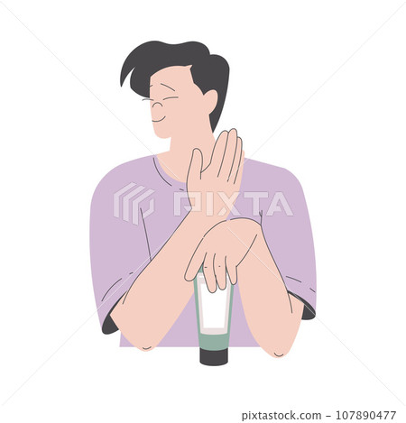 Beauty Care with Young Man Apply Cream or Lotion from Tube Vector Illustration Beauty Care with Young Man Apply Cream or Lotion from Tube Vector Illustration 107890477