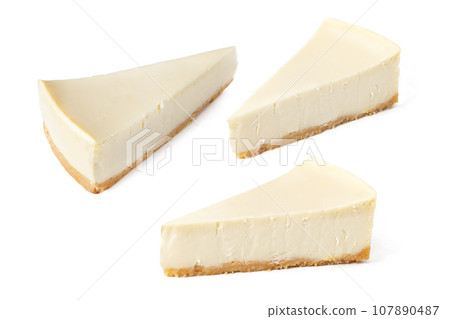set pack of different angles slices of classical cheesecake new york vanilla on white background isolated 107890487