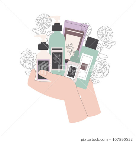 Beauty Care with Hands Holding Lotion or Cream Bottle Vector Illustration 107890532