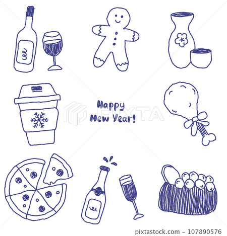 新年、聖誕節和新年假期的飲料和食物插圖集,海軍 新年、聖誕節和新年假期的飲料和食物插圖集,海軍 107890576