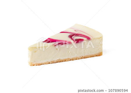 Slice of classical cheesecake new york strawberry or raspberry jam on white background isolated 107890594