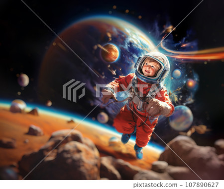 Boy astronaut in a spacesuit in space 107890627