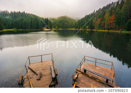 synevyr lake on a foggy morning. beautiful nature landscape in autumn. popular travel destination of ukraine synevyr lake on a foggy morning. beautiful nature landscape in autumn. popular travel destination of ukraine 107890823