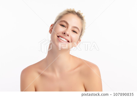 Beautiful smile of young woman with healthy white teeth on white background, Dental care. Dentistry concept. 107890835