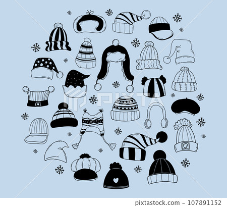 Collection winter knitted hats. Isolated hand drawings doodle of headdresses. Vector illustration. 107891152