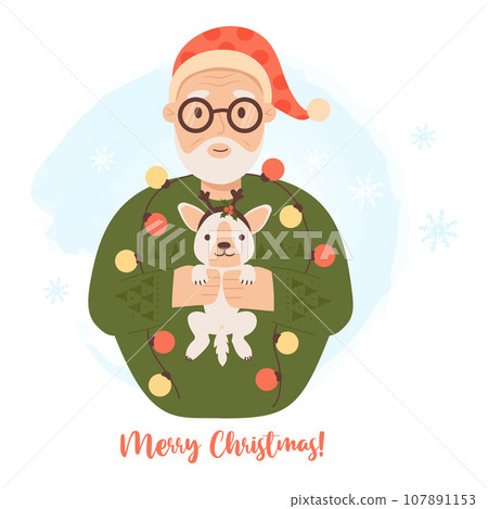 Christmas Grandfather with puppy and garland. Cute elderly man wearing Santa hat. Vector illustration in cartoon style. New Year card with character of positive pensioner . 107891153