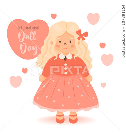 Doll Day. Cute children toy doll curly blondie girl in red dress. International holiday. Vector illustration. Greeting romantic card in cartoon style. Day of blonde. Kids collection. 107891154