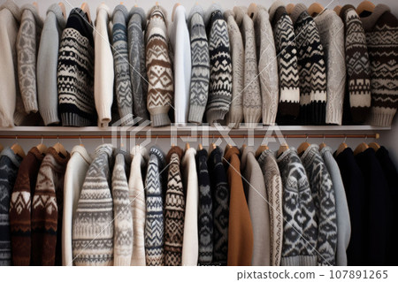 Row of ornate warm knitted sweaters hang on hangers. Generative AI Row of ornate warm knitted sweaters hang on hangers. Generative AI 107891265