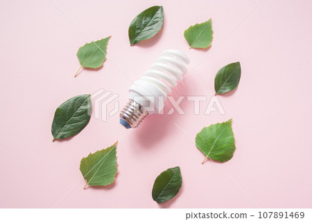 Light bulb with green leaves on pink background Light bulb with green leaves on pink background 107891469