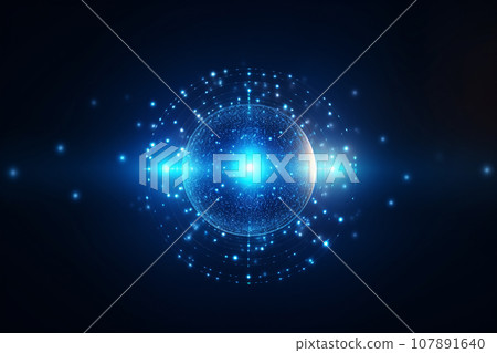 Abstract Blue Glowing Sphere Particles Dots Waves Digital Technology Background 107891640