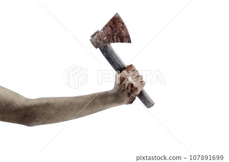 The hand of a scary zombie with blood and wounds carrying an axe The hand of a scary zombie with blood and wounds carrying an axe 107891699