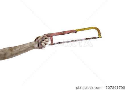 The hand of a scary zombie with blood and wounds carrying a saw The hand of a scary zombie with blood and wounds carrying a saw 107891700