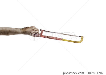The hand of a scary zombie with blood and wounds carrying a saw The hand of a scary zombie with blood and wounds carrying a saw 107891702
