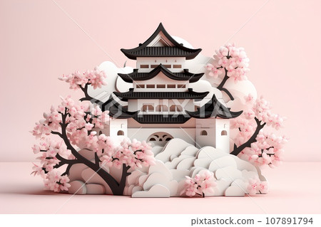 日本城堡（3D）天守閣/泉水 107891794