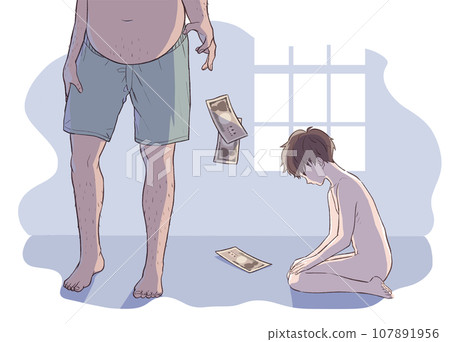 Illustration of a boy being sexually abused and given money by a middle-aged man 107891956