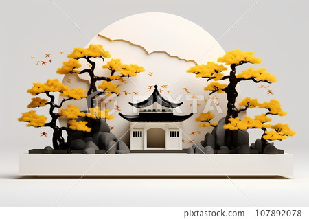 Japanese temple - autumn yellow leaves (3D) 107892078
