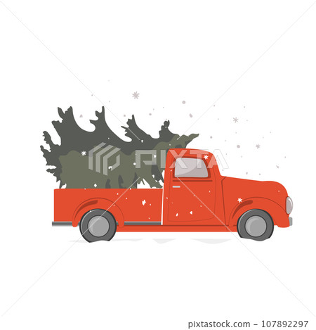 Christmas red retro truck with a Christmas tree on a white background. Vintage pickup truck with a fir tree, vector illustration. 107892297