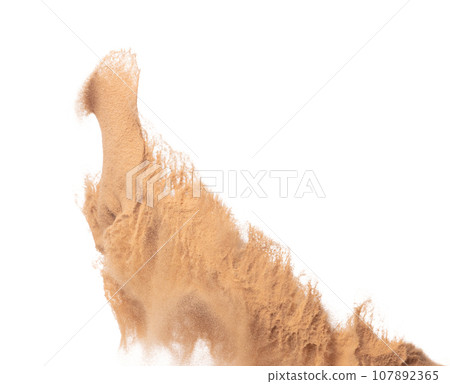 Big size Sand flying explosion, Golden grain wave explode. Abstract cloud fly. Yellow colored sand splash throwing in Air. White background Isolated high speed shutter, throwing freeze stop motion Big size Sand flying explosion, Golden grain wave explode. Abstract cloud fly. Yellow colored sand splash throwing in Air. White background Isolated high speed shutter, throwing freeze stop motion 107892365