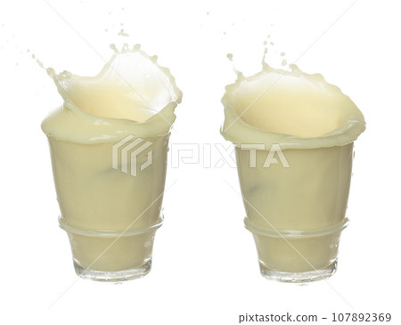 Tofu Soybean soymilk pour fall down. Soybean milk or cosmetic cream moisturizer spill splash in shape glass bowl as paint color. White background isolated high speed shutter freeze motion 107892369