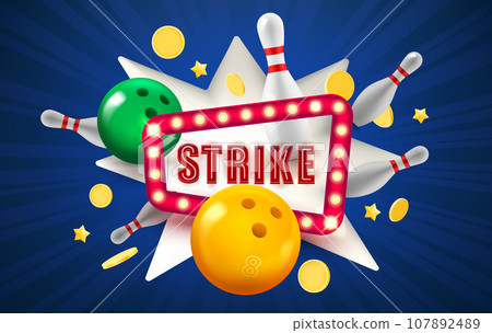 Strike concept with flying skittles and balls. 3d vector illustration 107892489