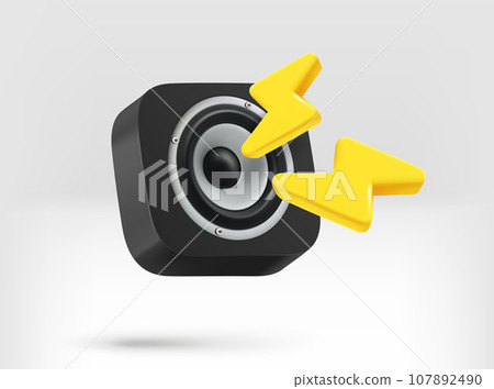 Loud music concept. Sound speaker with golden thunderbolts. 3d vector illustration 107892490