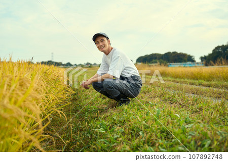 一個男人看著成熟的稻穗 一個男人看著成熟的稻穗 107892748