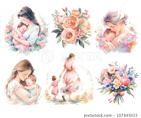 Watercolor Beautiful Mother and Baby Happy Mother's Day illustration set Watercolor Beautiful Mother and Baby Happy Mother's Day illustration set 107893015