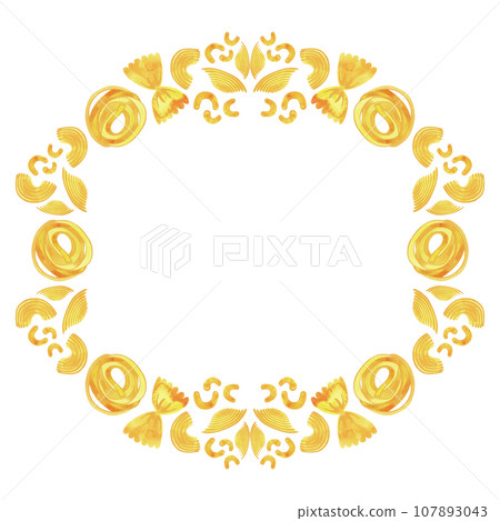 Round frame made of different types of Italian pasta for designing menus, certificates and booklets, and advertising cafes. Wreath. Isolated watercolor illustration. Clipart. 107893043
