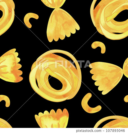 Seamless pattern with Italian pasta for the design of menus, wrapping paper, packaging for pasta, textiles in a cafe or restaurant, curtains, tablecloths, sofa upholstery. Watercolor illustration on a Seamless pattern with Italian pasta for the design of menus, wrapping paper, packaging for pasta, textiles in a cafe or restaurant, curtains, tablecloths, sofa upholstery. Watercolor illustration on a 107893046