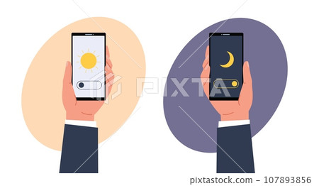 Hand holds smartphone with day and night mode interface. On and off slide positions. Mobile phone lighting adjustment. Switch button on screen. Cartoon flat isolated illustration. Vector concept 107893856