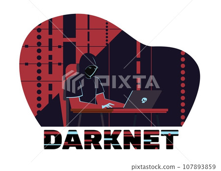 Hacker sits behind laptop, darknet user. Man searching hidden information in dark net, stealing personal data, banking crime. Cyber scammer. Cartoon flat style isolated vector concept 107893859
