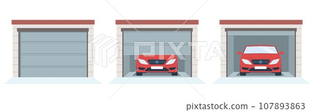 Garage door, with opening roller shutters. Closed and opened, car inside. Automatic lifting gate. Entrance to building housing vehicle. Metal roller system. Cartoon flat isolated vector concept 107893863